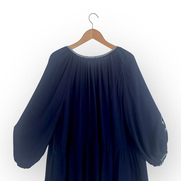 Max Studio Embroidered Peasant Dress Size XL Navy Blue Boho Oversized Tassel - Picture 6 of 11